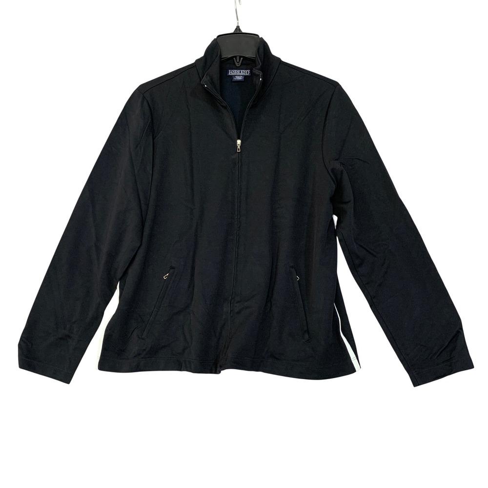Lands' End Women's L  Black Full Zip Sweatshirt Full Zip Side Striped